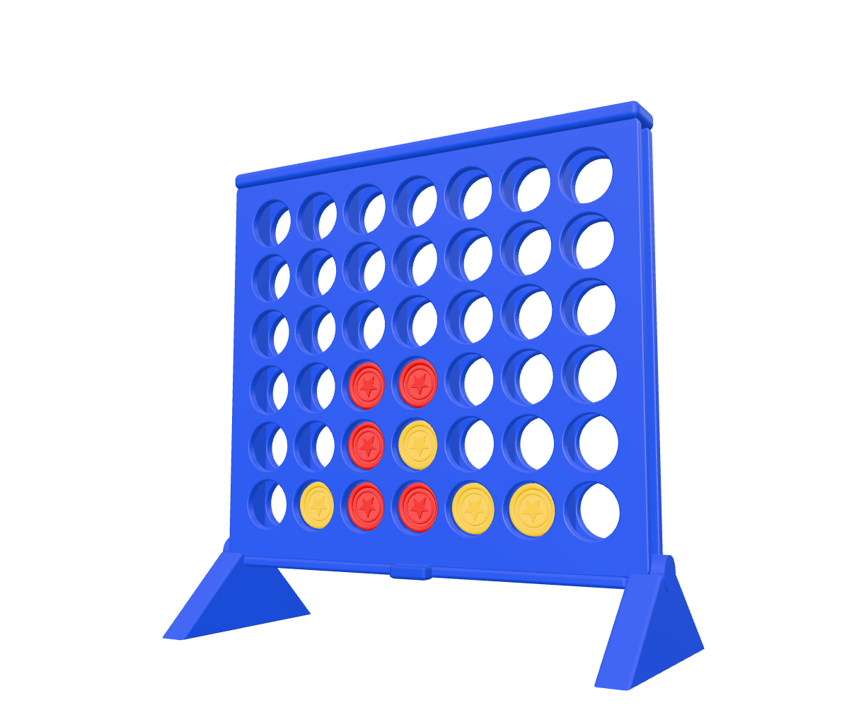 A royal-blue Connect Four frame on wedge feet, red and yellow discs in its lower rows