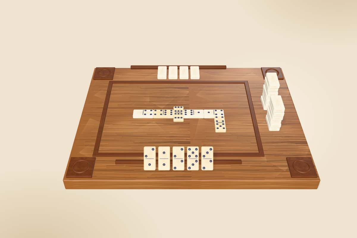 A thick walnut domino table with a glossy playing area, a line of cream dominoes snaking across it and a hand of seven bones on the near rail