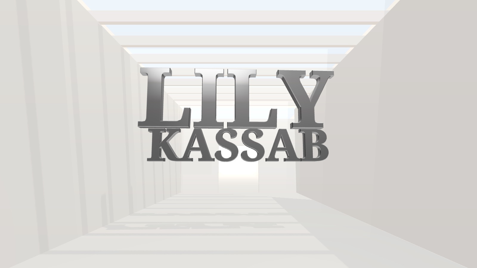 The foyer of the 3D gallery: the name Lily Kassab in floating chrome letters