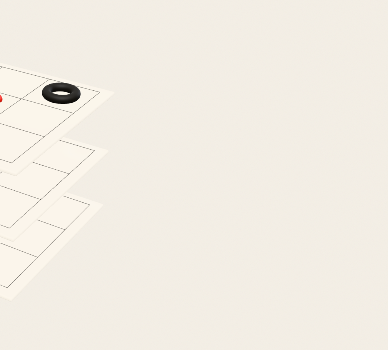 Three sheets of ivory card stacked on air, ruled into cells, with a red X in the centre cell and marks around it